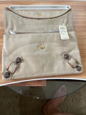 Balenciaga Taupe Leather Envelope Clutch with Buckle Details